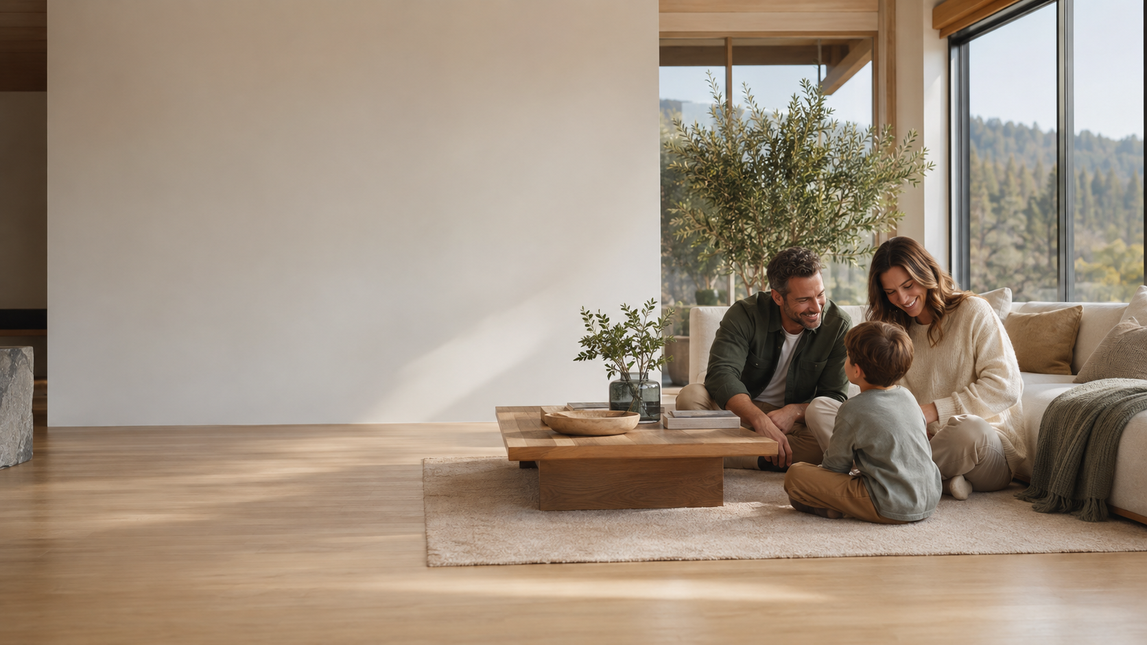 A family spending time together in a sunlit living room